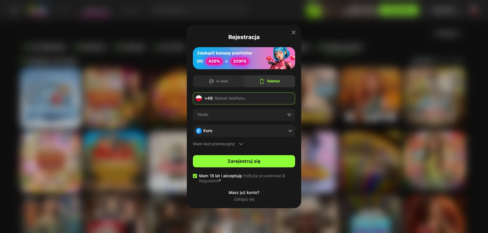 Formularz rejestracji nowego konta w GameSpot Casino